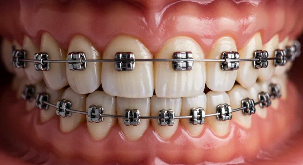 Vue rapprochée d’un appareil dentaire métallique sur des dents, illustrant un traitement orthodontique traditionnel