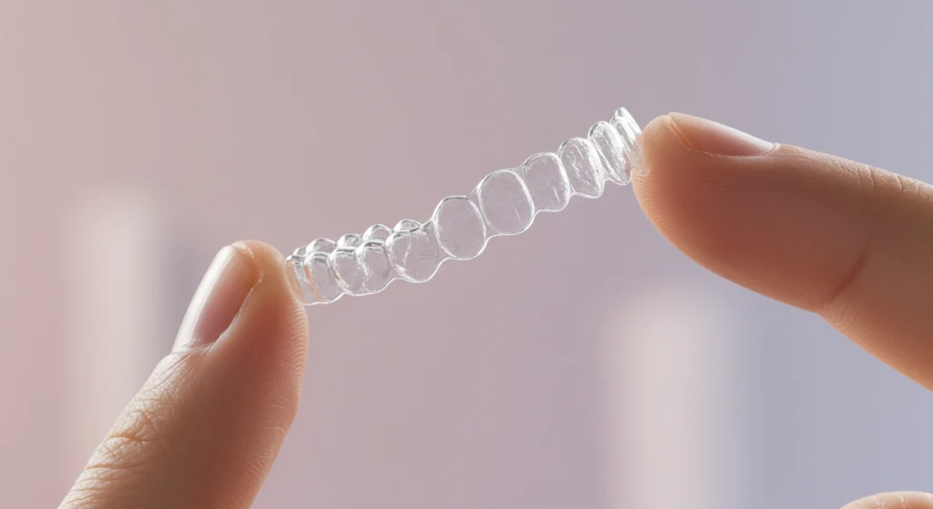 Gouttière d’alignement dentaire transparente tenue entre deux doigts, exemple de traitement moderne en orthodontie