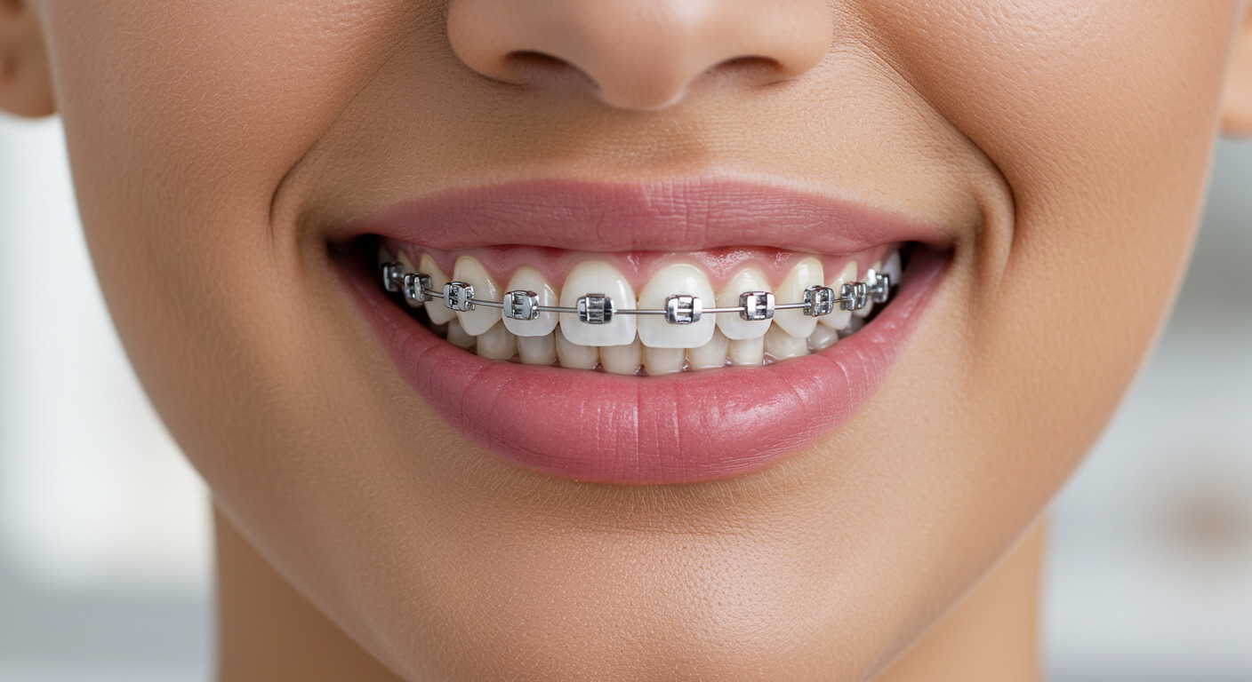 Sourire montrant un appareil dentaire métallique sur les dents, illustrant le traitement orthodontique et les bienfaits de l’orthodontie
